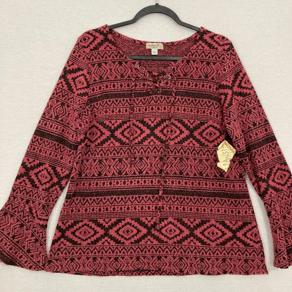 New One World Red Black Southwestern Print Fuzzy Stretch Pullover Top Large - Picture 1 of 10